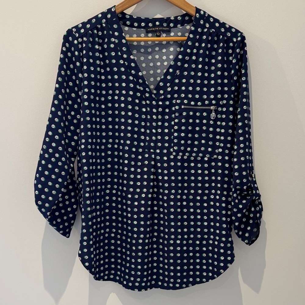 Adrienne Vittadini Navy and White Polka Dot Blouse